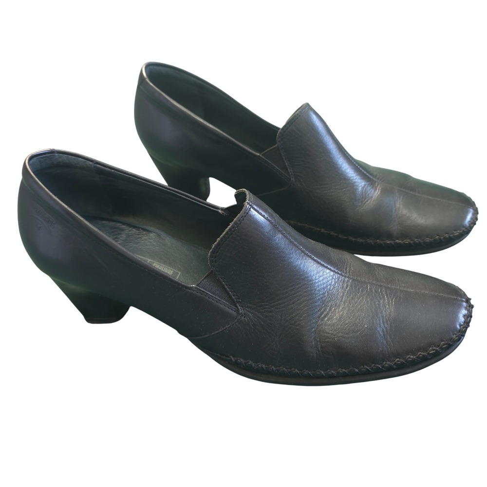 Pikolinos Black Leather Whipstitch Heeled Loafers EU 39 US 8.5 Block Heel SlipOn